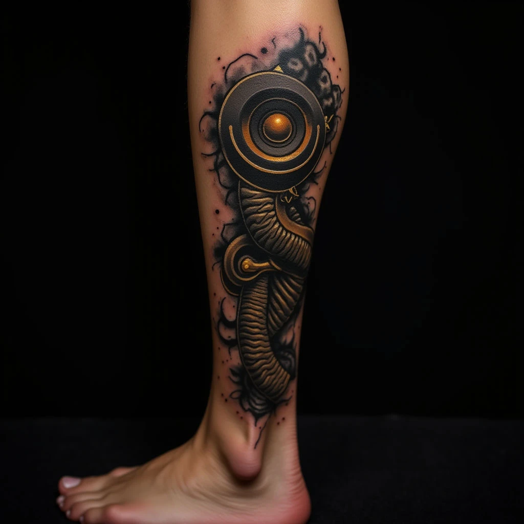 Full Ankle Biomechanical Sleeve Tattoo Design in Black & Gold