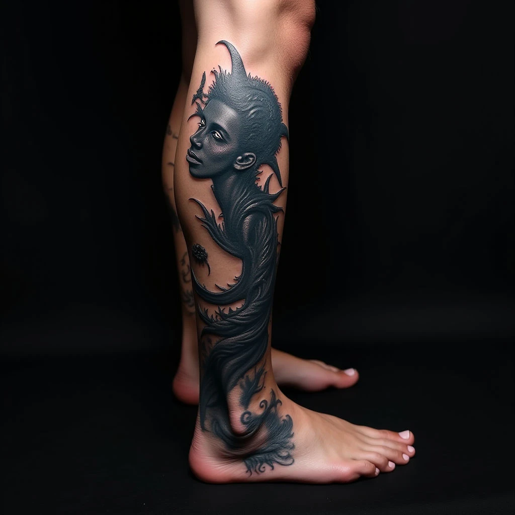 Surreal Foot Sleeve Tattoo Design in Blue and Black