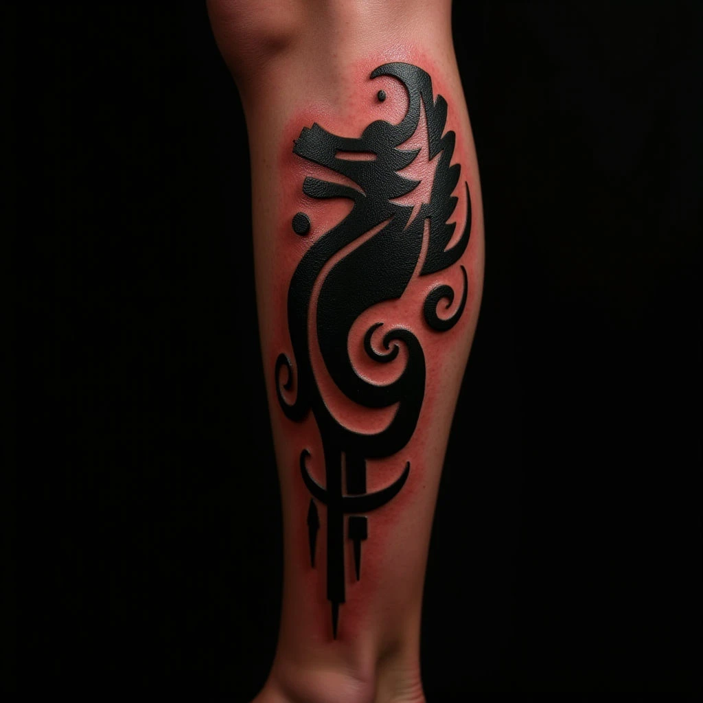 Striking Tribal Leg Tattoo with Black & Red Color Realism