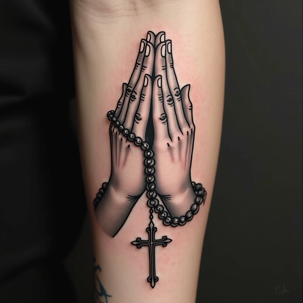 Praying Hands with Rosary: A Traditional Tattoo of Faith and Devotion