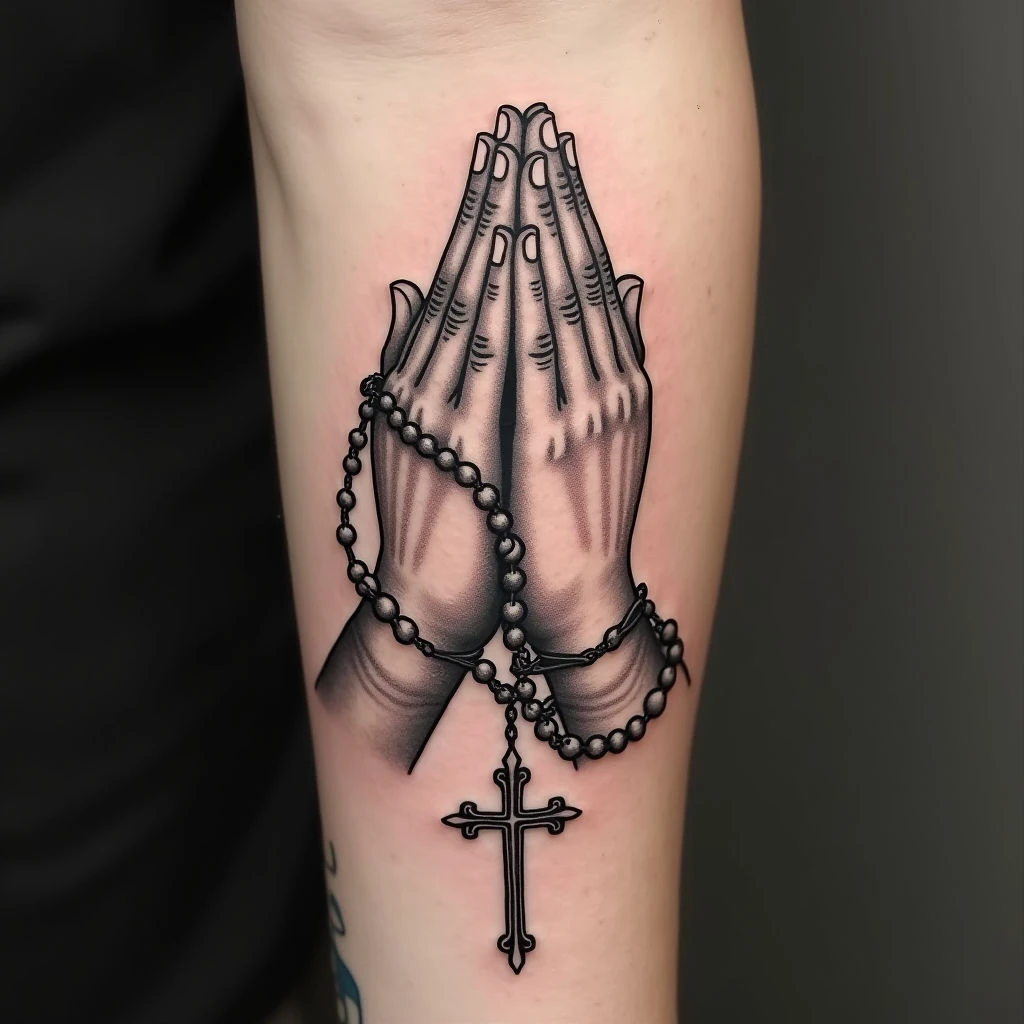 Praying Hands Rosary Tattoo Design