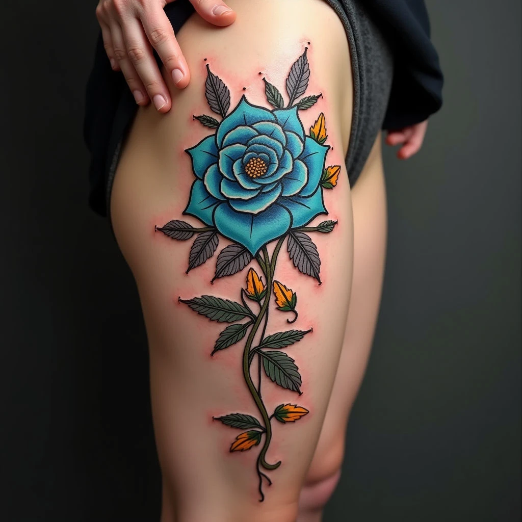 Neo-Traditional Rose and Floral Thigh Tattoo