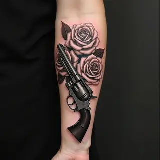 Detailed Rose and Gun Tattoo Design