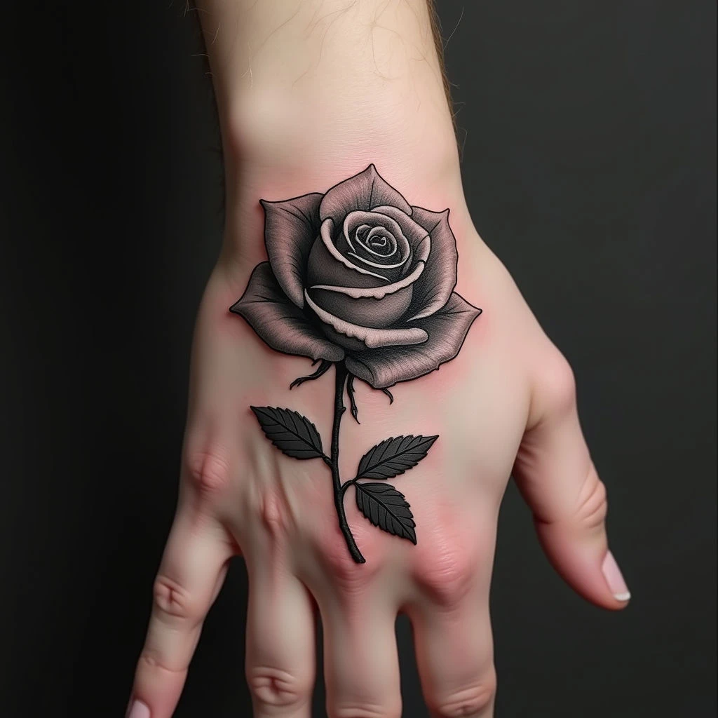 Realistic Rose Hand Tattoo: A Delicate Bloom on Skin Canvas