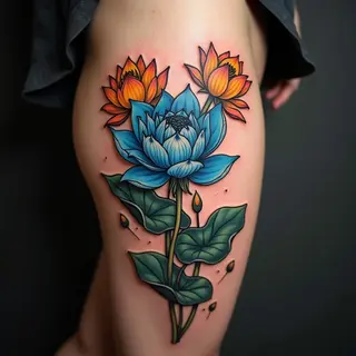 Neo-Traditional Rose and Lotus Tattoo on Thigh