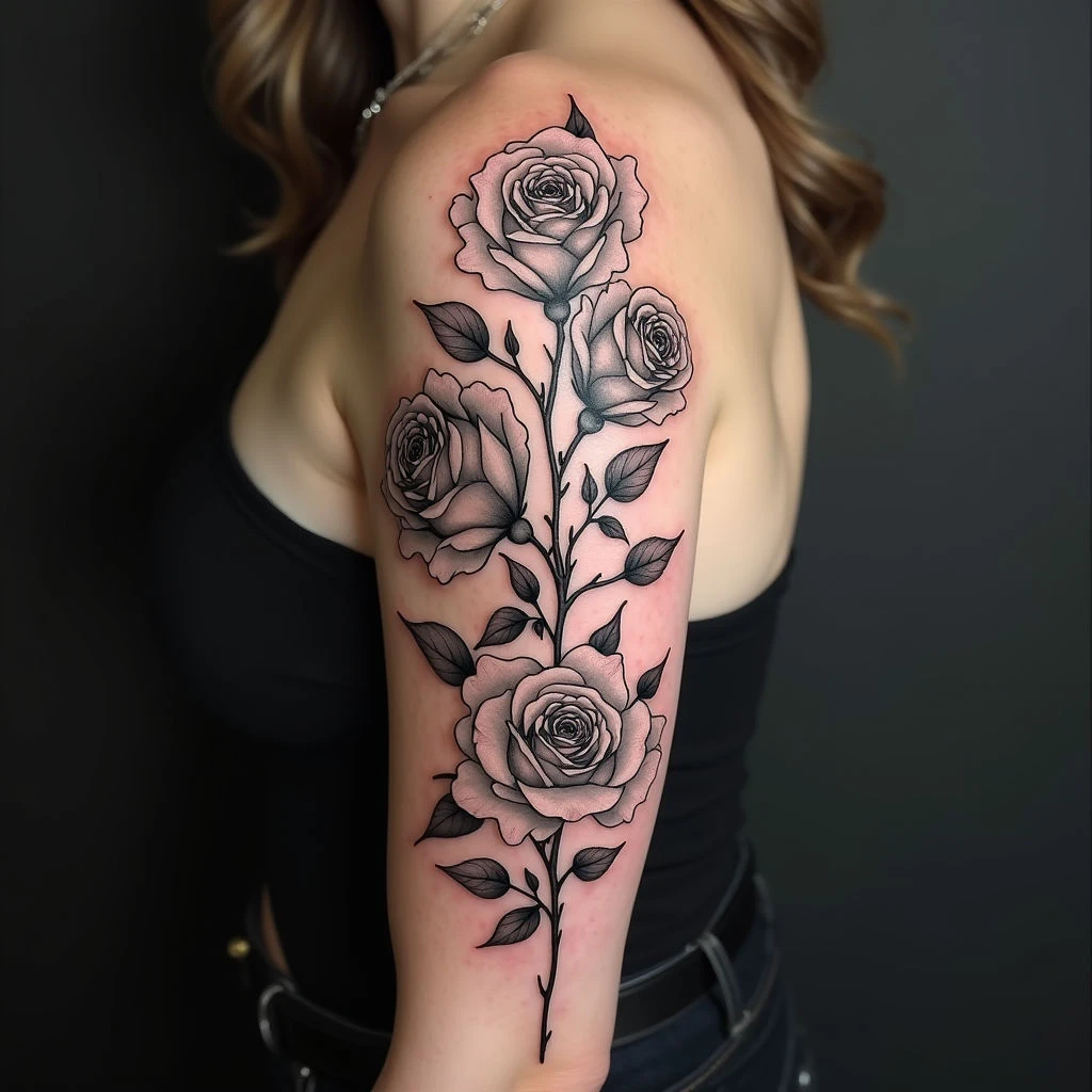 Neo-Traditional Rose Tattoo on Upper Arm