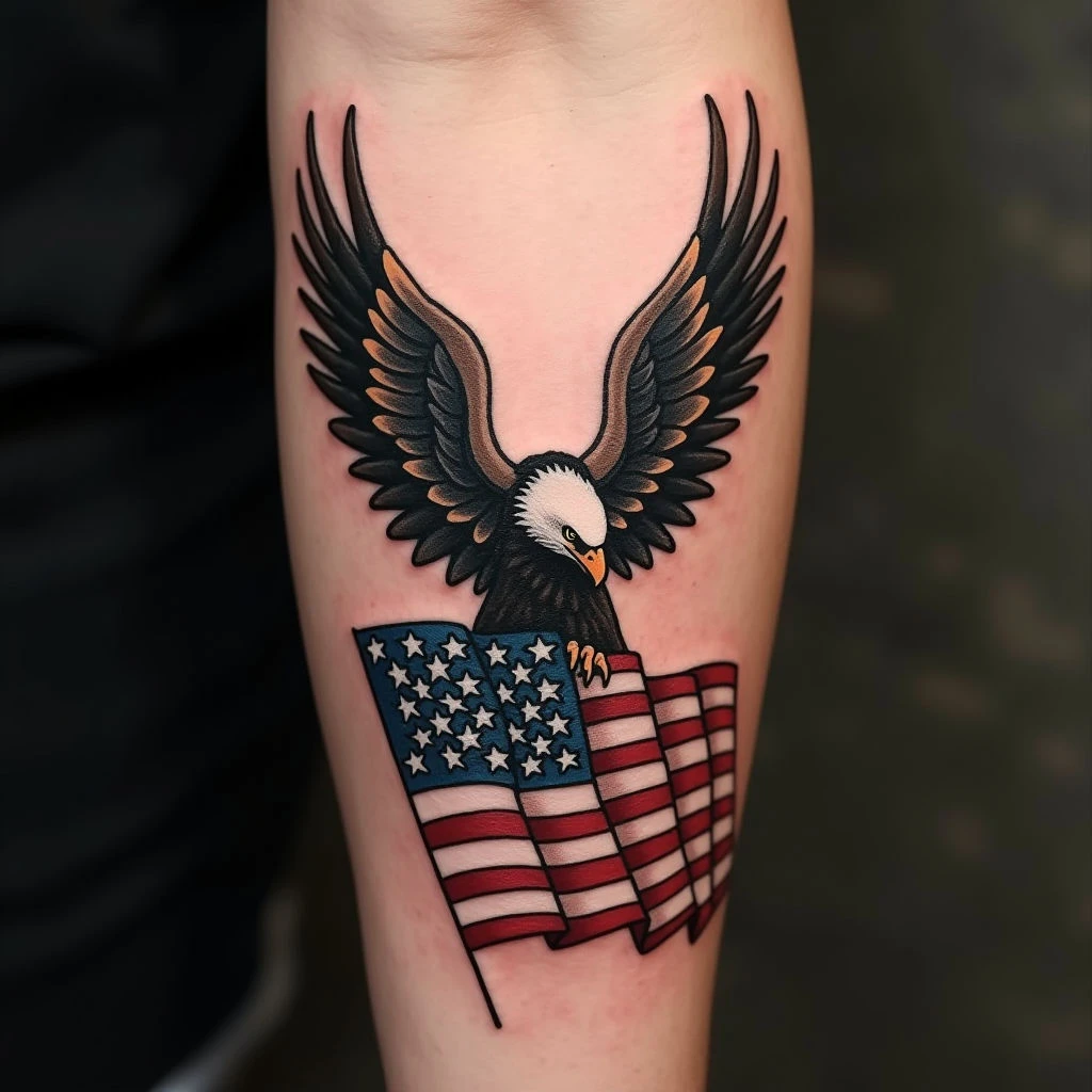 Classic American Eagle and Flag Tattoo: A Sailor Jerry Tradition