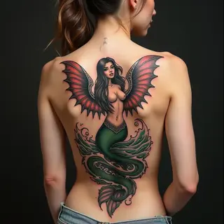 Classic Mermaid & Dragon Back Tattoo: A Sailor Jerry Tribute
