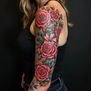 Classic Floral Sleeve Tattoo in American Traditional Style