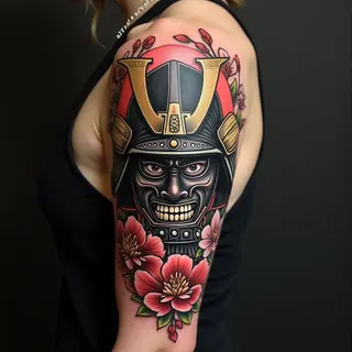 Intricate Samurai Mask Tattoo in Traditional Japanese Style