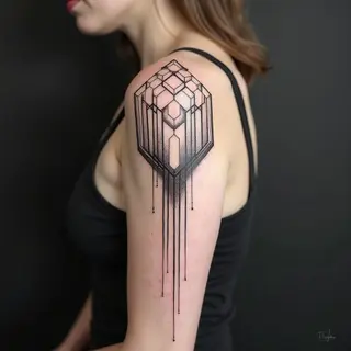Geometric Shoulder Tattoo: Hexagon and Line Composition