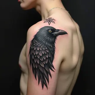 Raven and Nordic Symbol Shoulder Tattoo: A Study in Blackwork