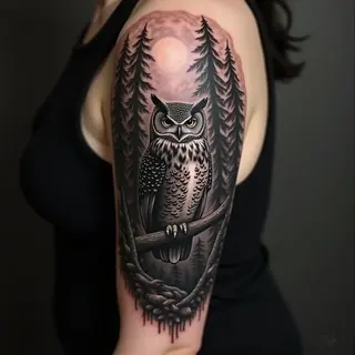Majestic Owl Forest Shoulder Tattoo: A Study in Realism