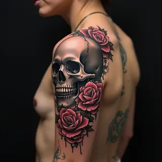Intricate Skull and Rose Shoulder Tattoo Design
