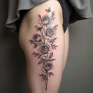 Elegant Rose and Floral Thigh Tattoo Design