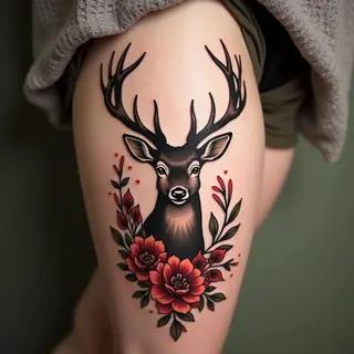 Floral Deer Tattoo on Thigh - Neo-Traditional Design