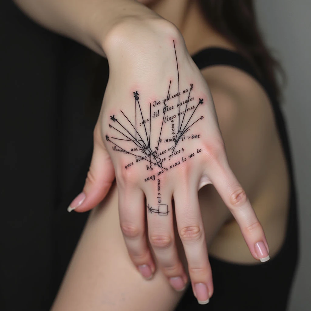 Abstract Typographic Hand Tattoo: A Study in Lines and Meaning