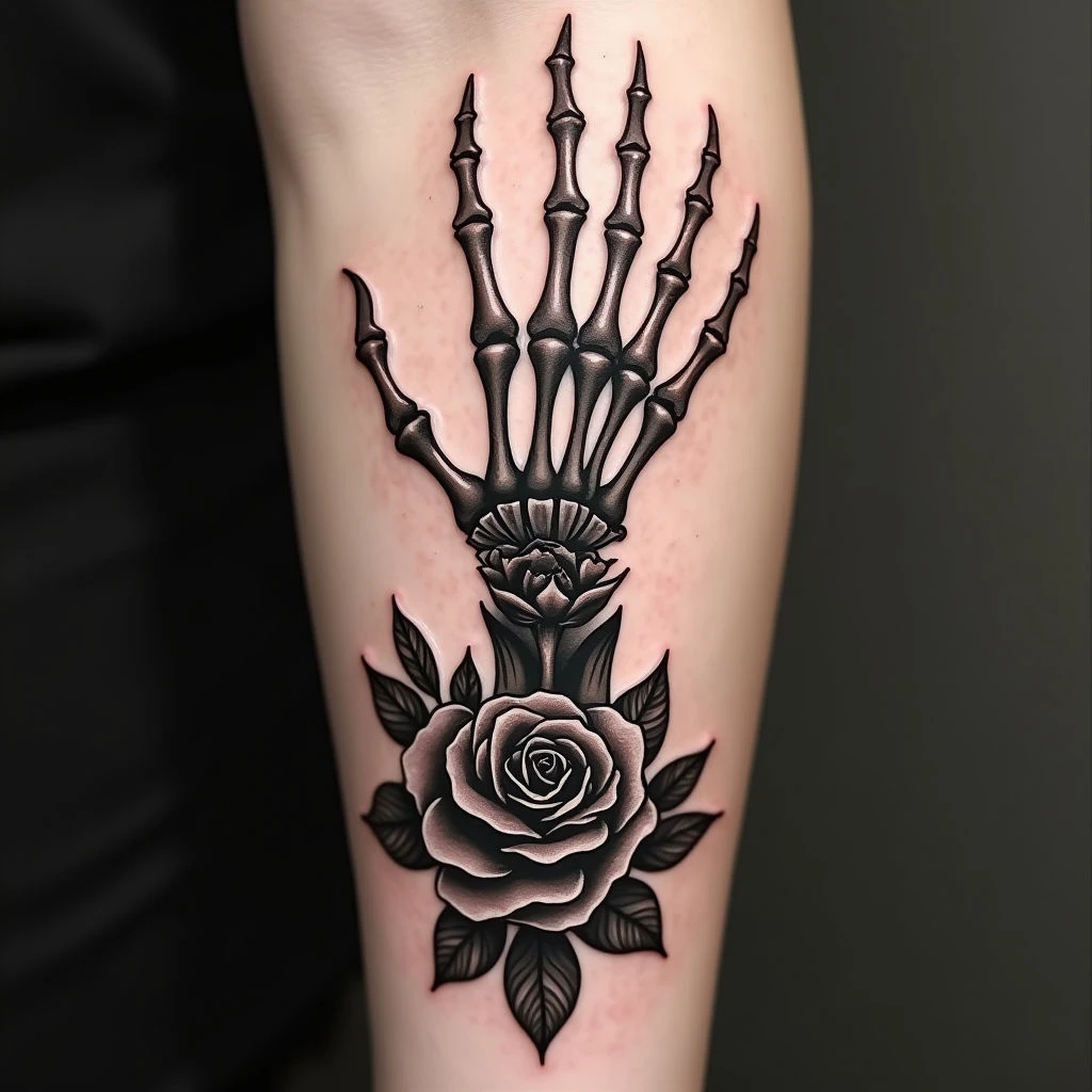 Ethereal Skeleton Hand Tattoo with Rose Detail
