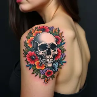 Intricate Skull and Floral Neo-Traditional Shoulder Tattoo