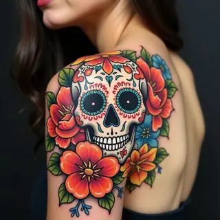 Vibrant Skull and Floral Traditional Shoulder Tattoo