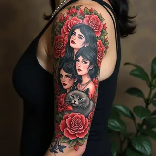 American Traditional Sleeve Tattoo: Portrait, Cat & Floral Motifs