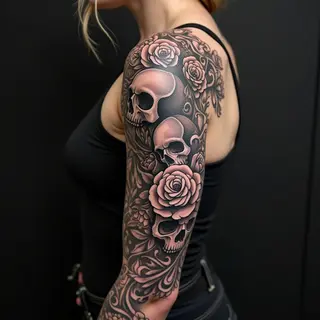 Intricate Rose and Skull Sleeve Tattoo Design