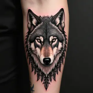 Intricate Wolf and Feather Sleeve Tattoo Design