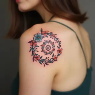 Whimsical Floral Spiral Tattoo on Shoulder