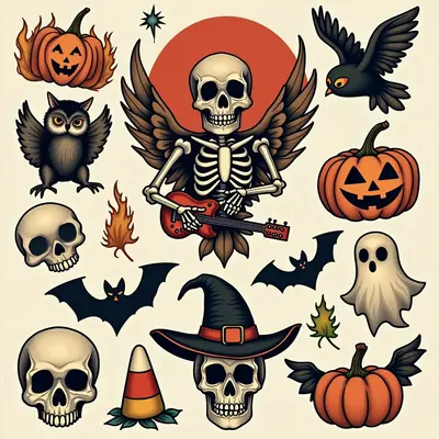 Vintage Halloween Tattoo Flash Sheet