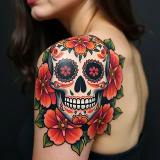 Vibrant Sugar Skull Shoulder Tattoo: A Celebration of Life and Heritage