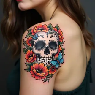 Vibrant Sugar Skull Shoulder Tattoo