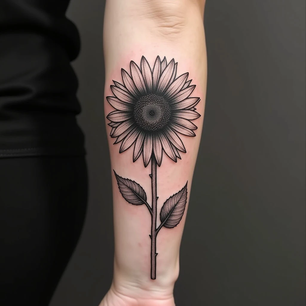Delicate Sunflower Linework Tattoo