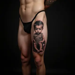 Surreal Child Name Tattoos for Men: Thigh Designs