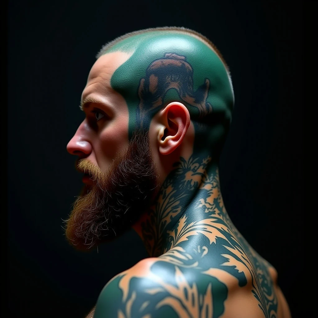 Surreal Father & Son Head Tattoos in Blue and Green