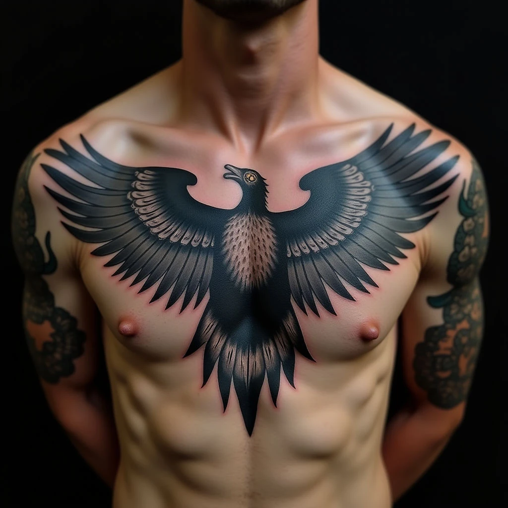 Surreal Sternum Tattoo Design for Guys - Black, Grey & Blue