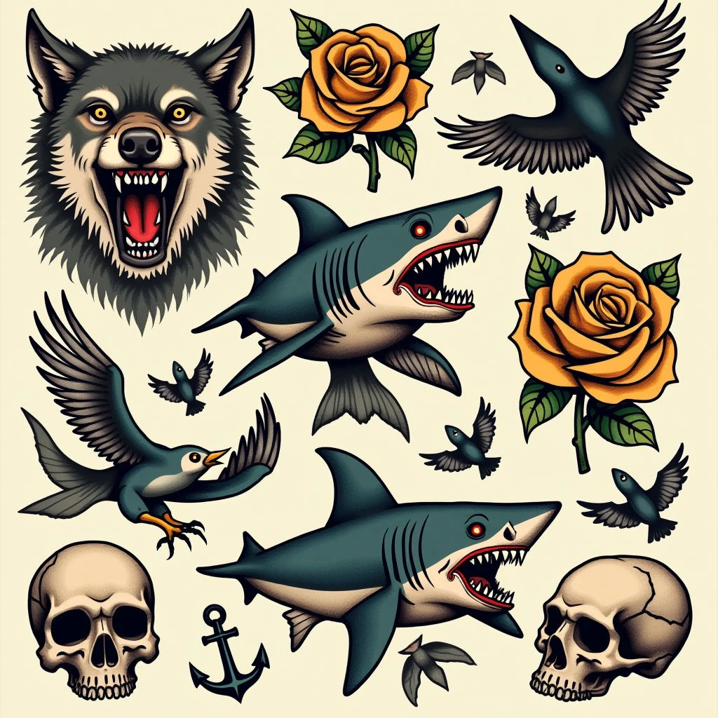 Classic American Traditional Flash Sheet Tattoo Design