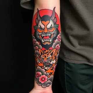 Japanese Irezumi Sleeve: Demon, Tiger & Cherry Blossoms