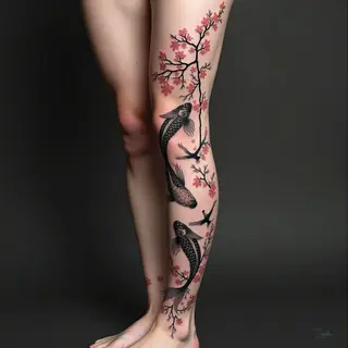 Japanese Irezumi Koi and Crane Tattoo on Thigh