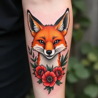 Neo-Traditional Fox and Floral Tattoo Design