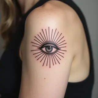 Delicate Fine Line Eye Sun Tattoo on Triceps