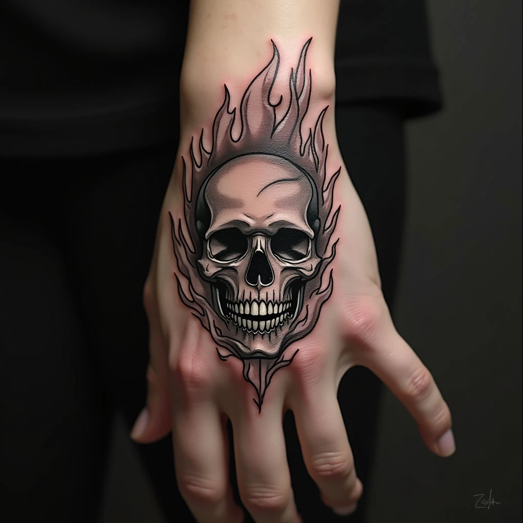 Intricate Skull and Flame Hand Tattoo Design