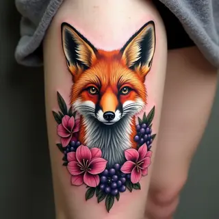 Vibrant Fox and Floral Neo-Traditional Tattoo Design