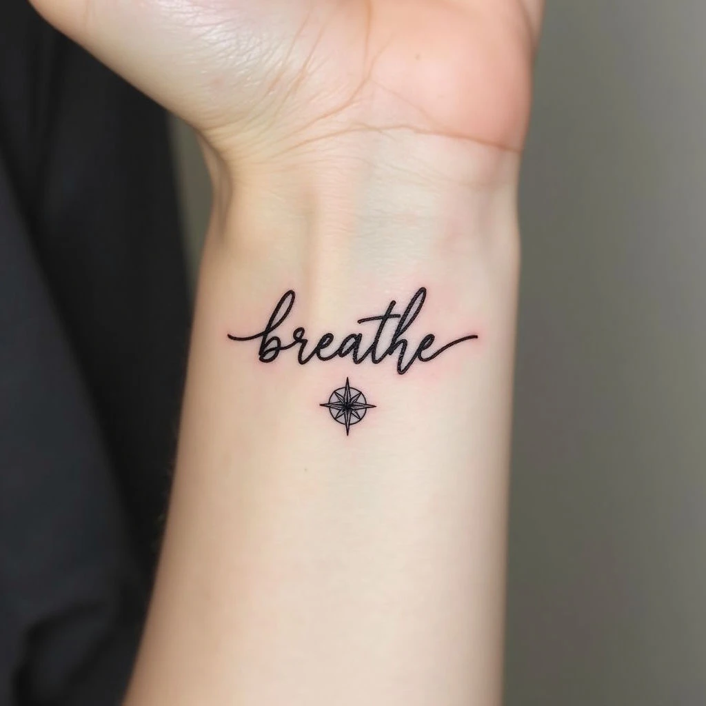 Minimalist Breathe & Compass Tattoo Design
