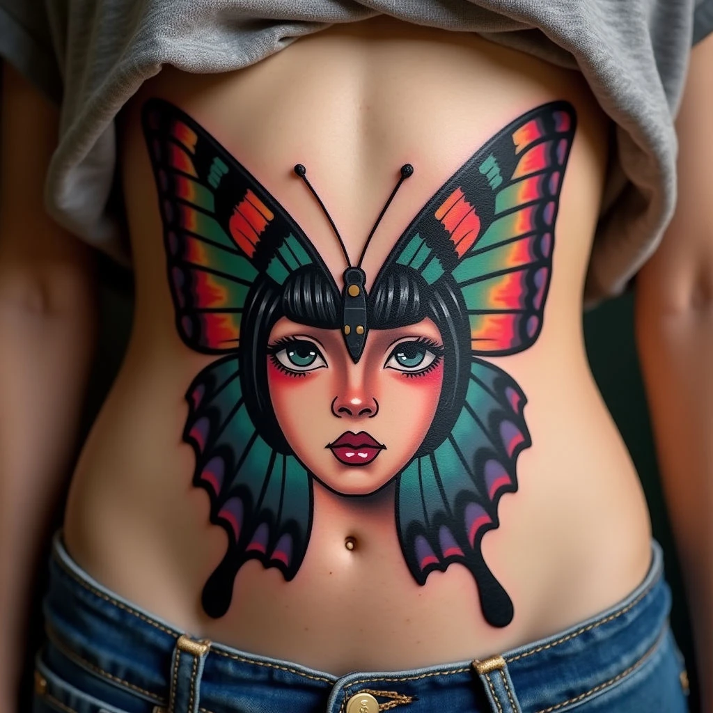 Neo-Traditional Butterfly Girl Tattoo on Stomach