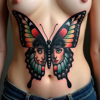 Neo-Traditional Butterfly Portrait Tattoo on Stomach