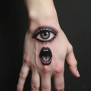 Intriguing Hand Tattoo: Eye and Mouth Motif