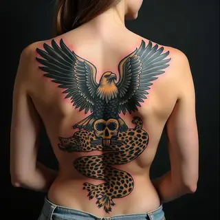 Majestic Eagle and Leopard Back Piece Tattoo