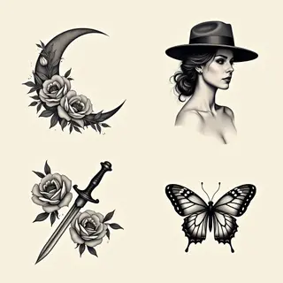 American Traditional Tattoo Flash Sheet: Moon, Woman, Dagger & Butterfly