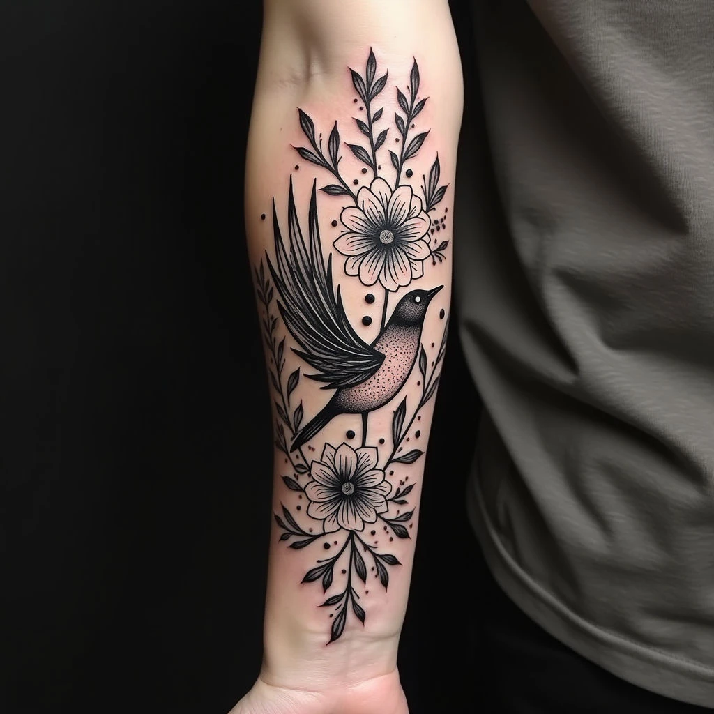 Intricate Floral and Bird Tattoo on Forearm
