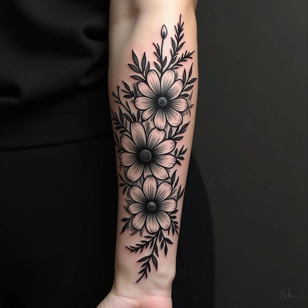 Ethereal Floral Blackwork Tattoo on Forearm